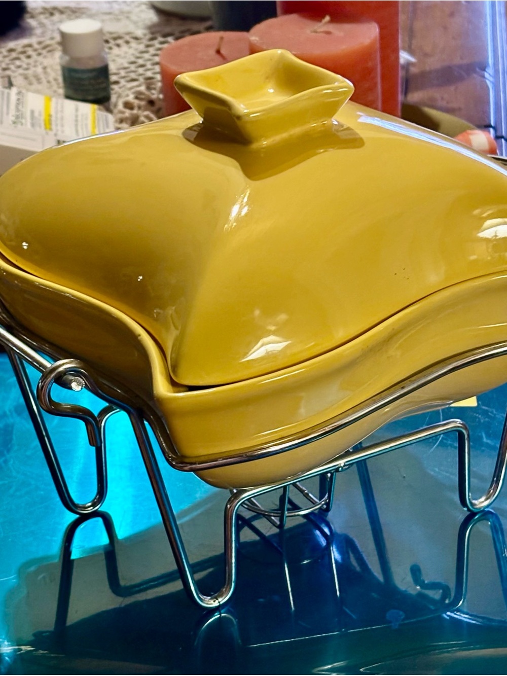 Godinger Yellow Ceramic Covered Casserole with Chrome Stand